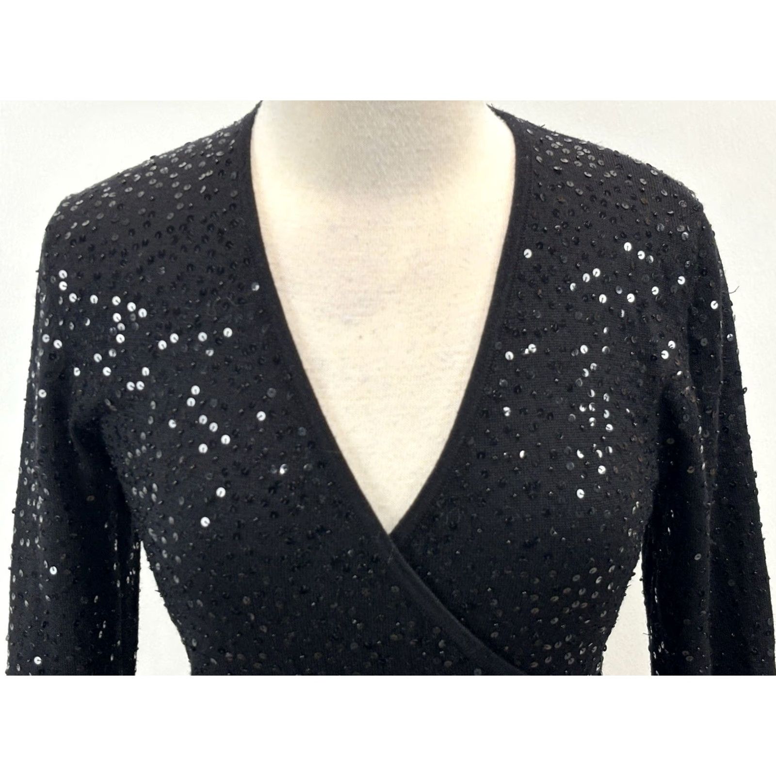Vintage Lafayette 148 Wool Sequin Faux Wrap Sweater Women’s M Black Stretch Evening Size M / US 6-8 / IT 42-44 - 5 Thumbnail