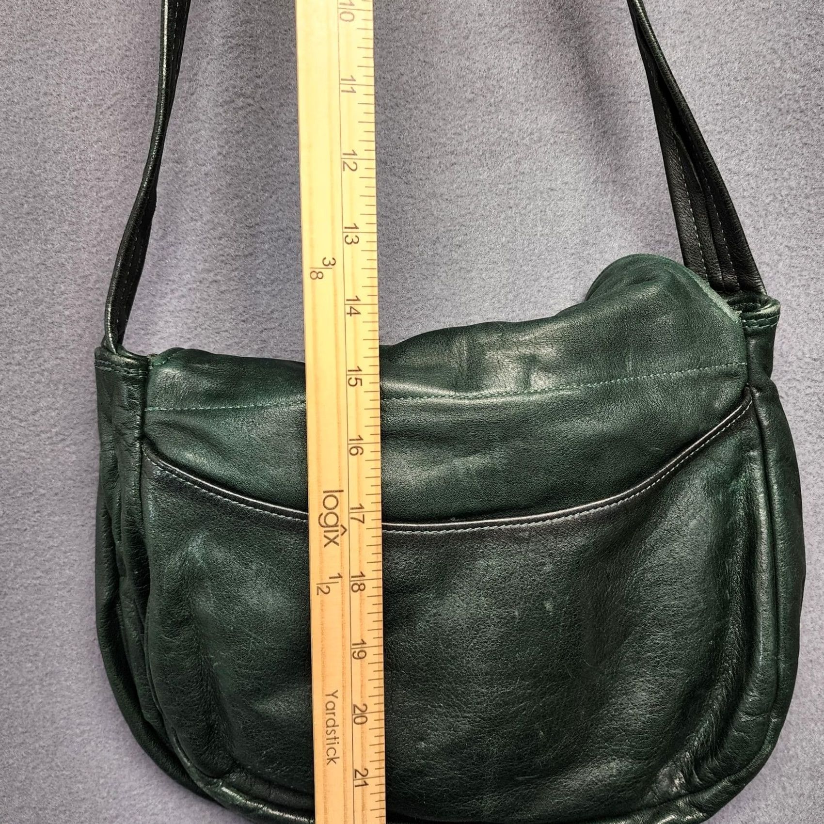 Vintage Leather Shoulder Bag Dark Green Flap Pocket Zip Compartments Medium Purse Womens Shoulder Bag Size ONE SIZE - 3 Thumbnail