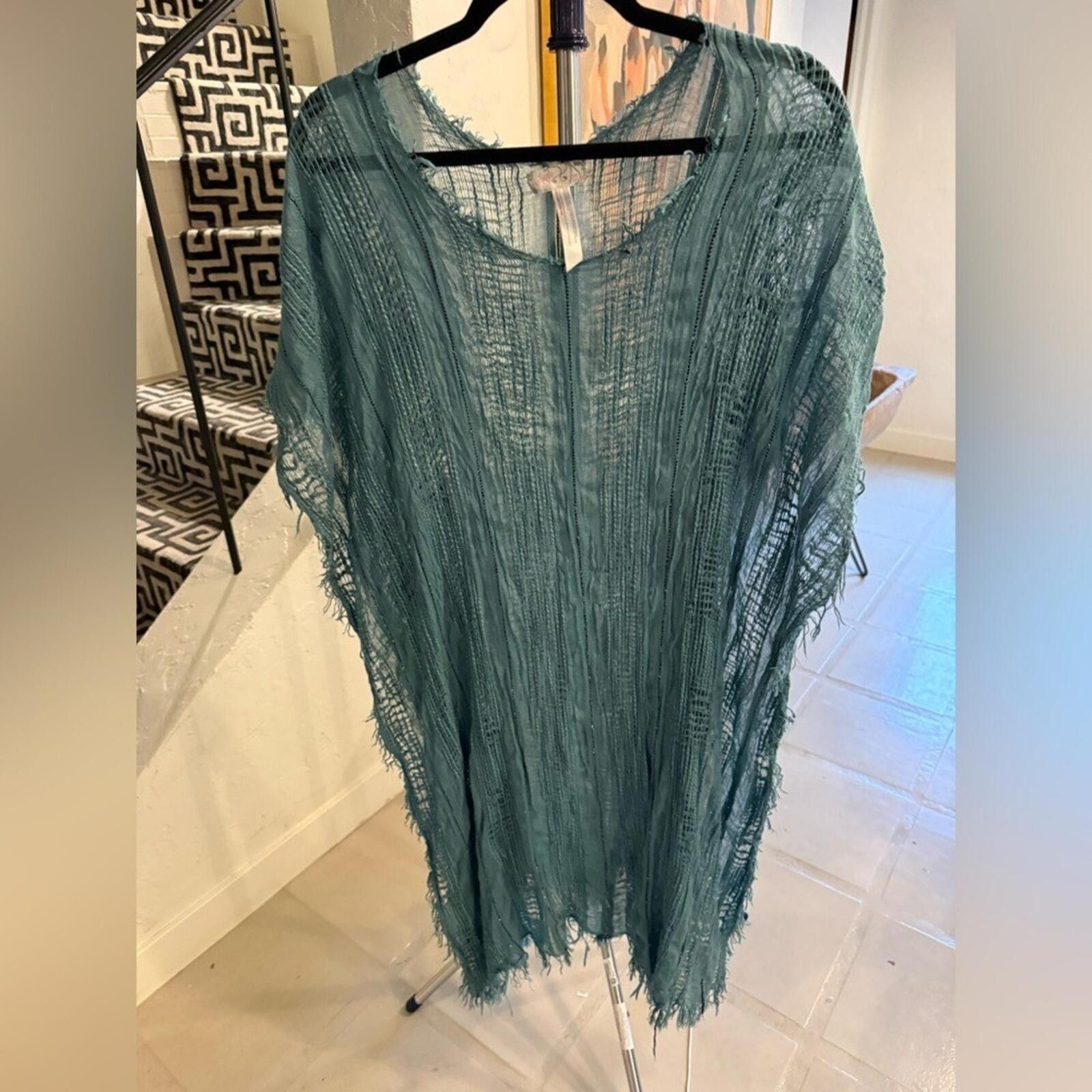 Free People Free People Teal Fringe Open Knit Poncho Cover Up OS Size ONE SIZE - 1 Thumbnail