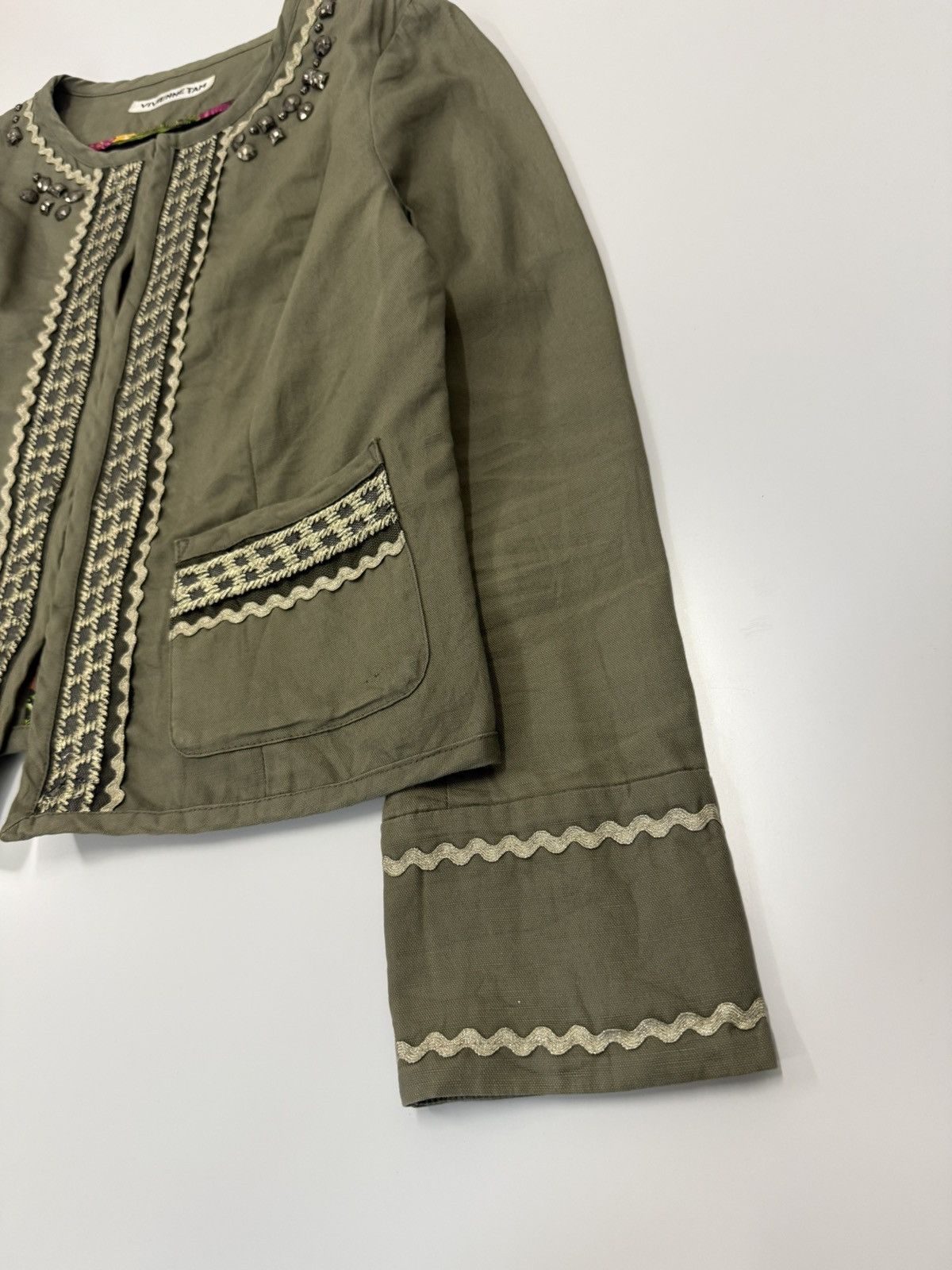 Vivienne Tam 🔥 90s Vivienne Tam Olive Cropped Jacket Boho Beaded Designer Size S / US 4 / IT 40 - 2 Thumbnail