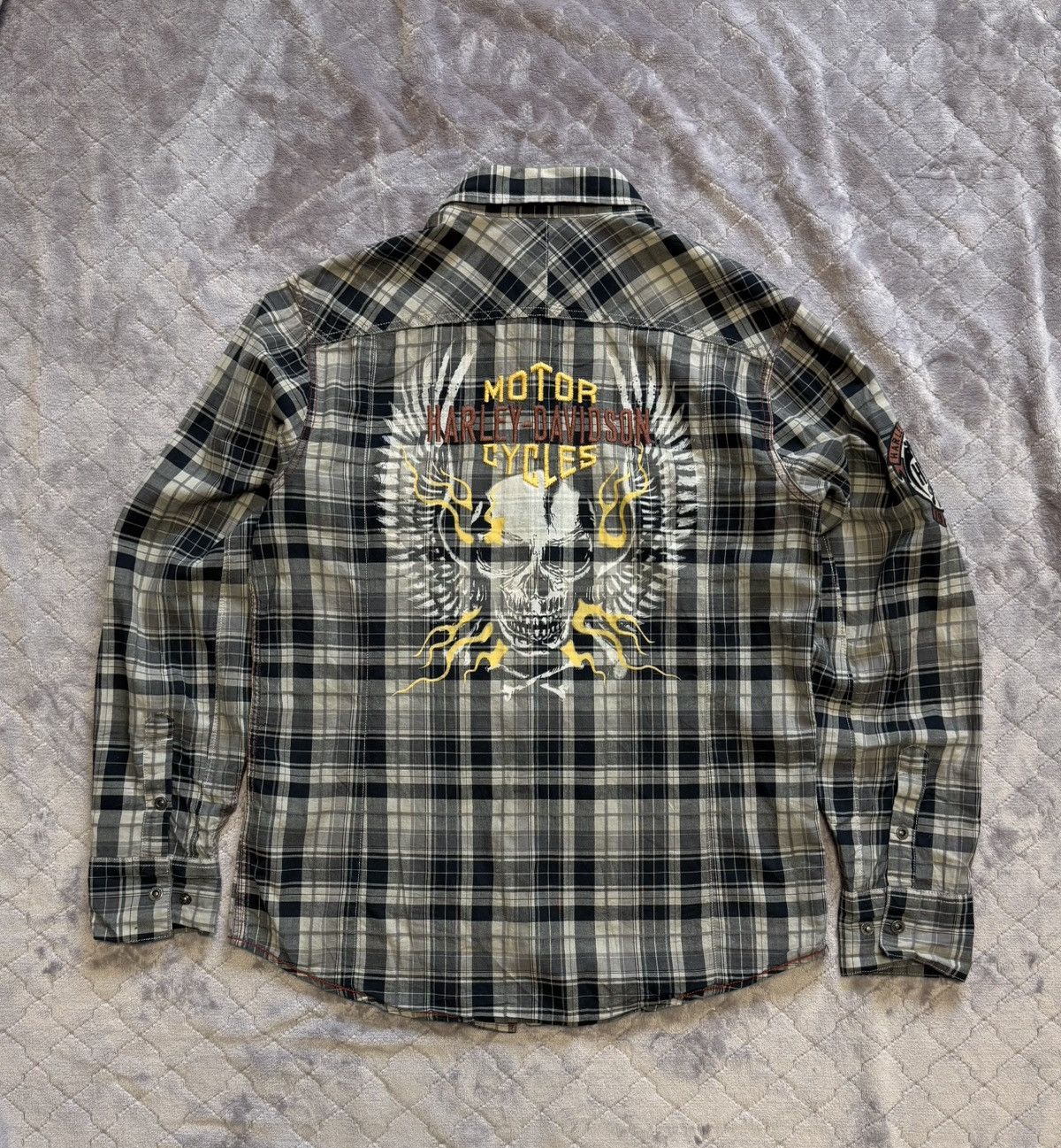 Harley Davidson × Vintage Vintage Harley Davidson Skull Big Logo Flannel Shirt Plaid Size US XL / EU 56 / 4 - 1 Thumbnail