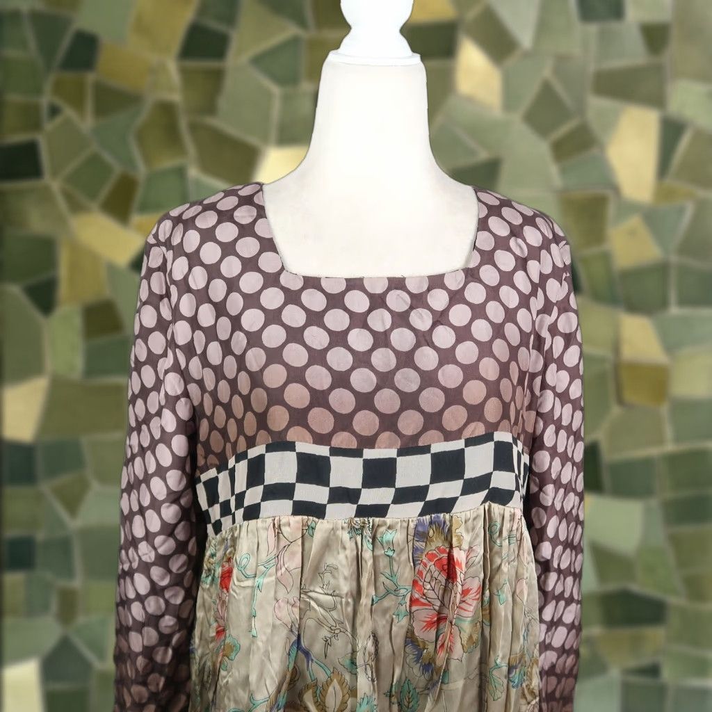 Anthropologie VINEET BAHL Anthropologie Brown Dot Green Floral Flowy Midi Dress M Women Long Sleeve Satin Viscose Bohemian Floral Pattern Midi Dress Size M / US 6-8 / IT 42-44 - 1 Thumbnail