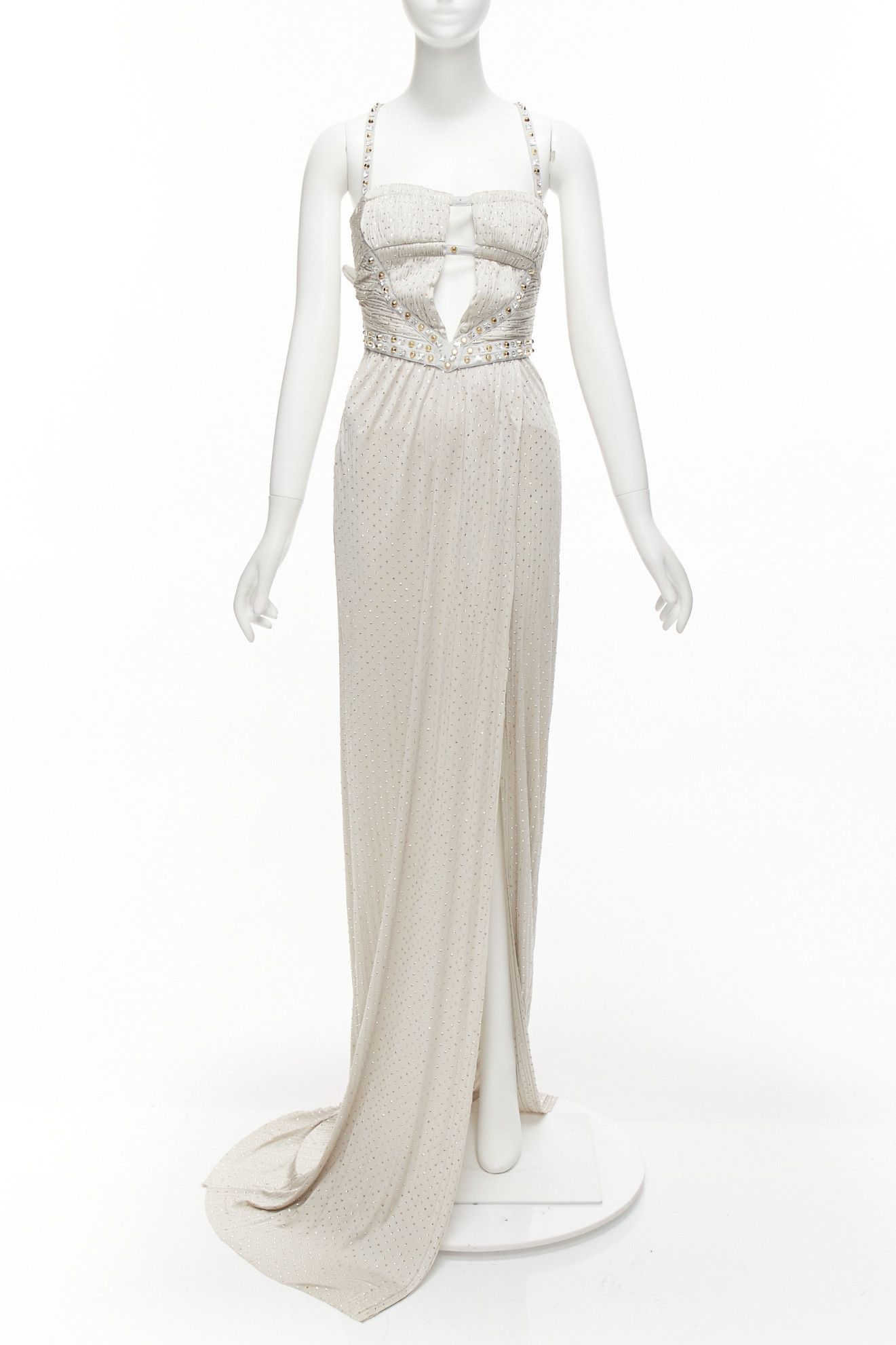 image of Versace 2011 Runway Grey Crystal Embellished Studded Harness Evening Gown It38 Xs in Silver, Women'