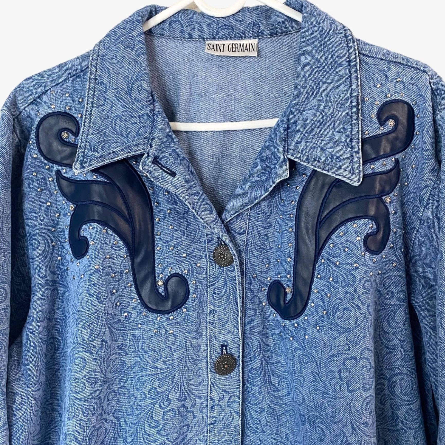 Denime VINTAGE Saint Germain Western Denim Jacket Women L Blue Floral Motif Button-Up 100% Cotton USA Womens Size L / US 10 / IT 46 - 6 Thumbnail