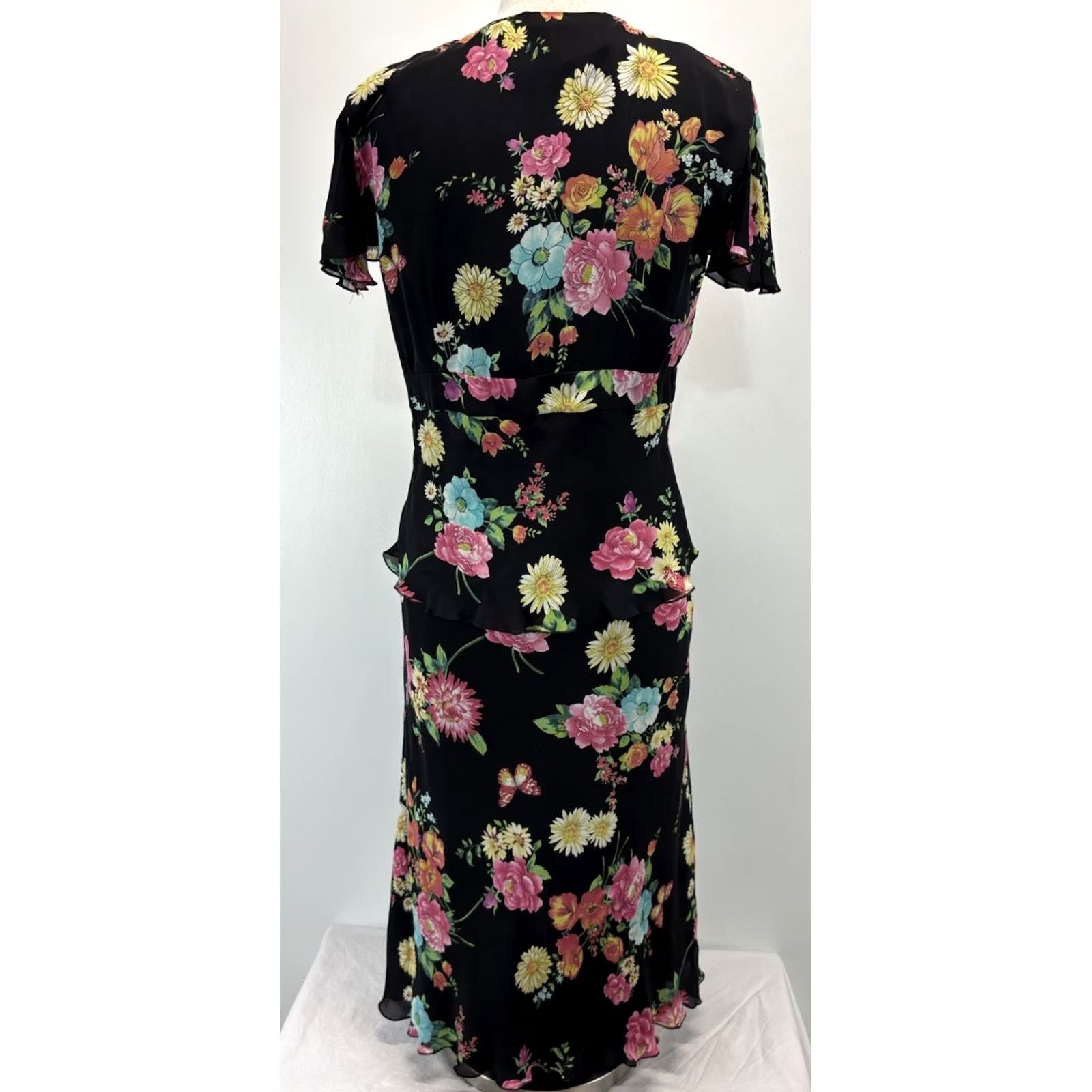 Vintage Vintage Spenser Jeremy Silk Floral Midi Dress Womens 12 Peplum Waist Butterfly Size XL / US 12-14 / IT 48-50 - 3 Thumbnail