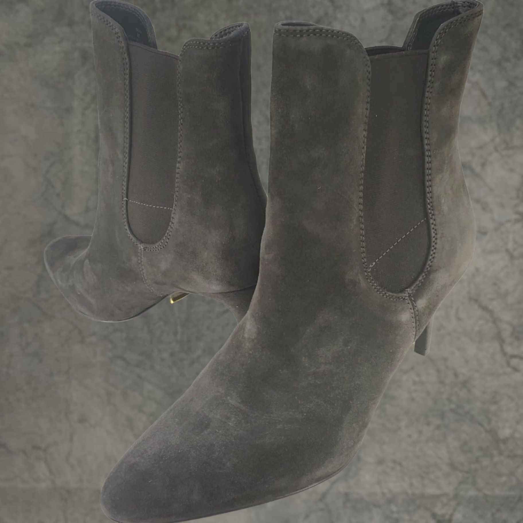 Ralph Lauren LAUREN RALPH LAUREN Pasmia Women's Gray Suede 3" Heel Bootie Size 8B Dark Gray Leather Pointed Toe Stiletto Pull On Elastic Logo Fall Winter Boots Size US 8 / IT 38 - 1 Thumbnail