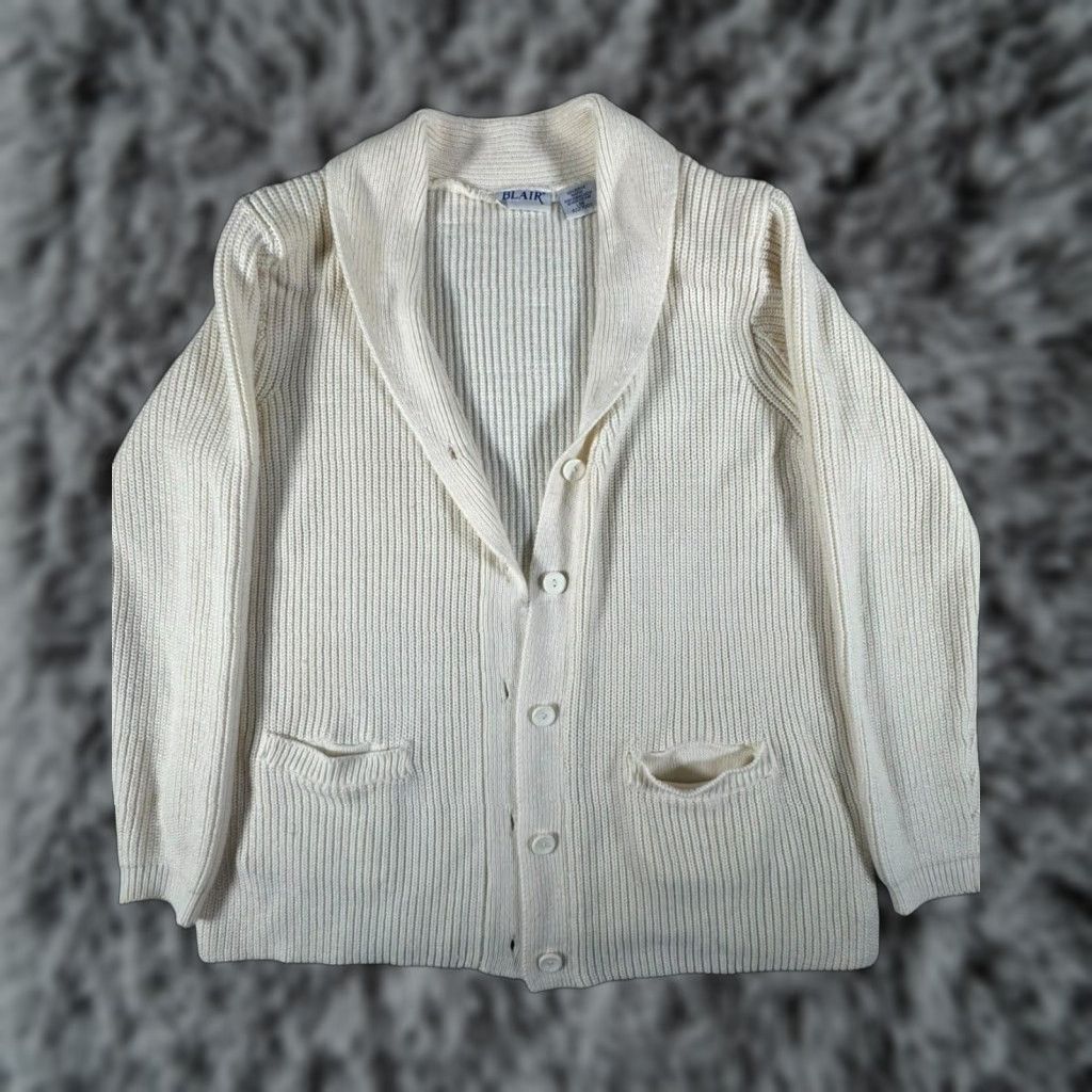 Blair VINTAGE Blair Cardigan Sweater Women Large L Cream 80s Pockets Ribbed V-Neck Academia Mens? Womens Size L / US 10 / IT 46 - 1 Thumbnail