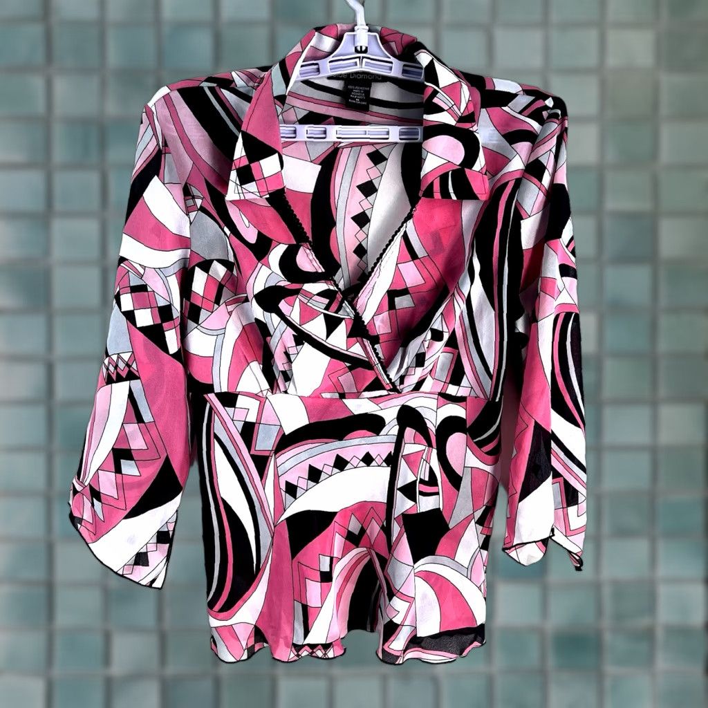 Pinko Blue Diamond Retro Geometric Blouse Womens M Pink Shirt Geometric Button 3/4 Sleeve Collared Bell Vintage No Size M / US 6-8 / IT 42-44 - 1 Thumbnail