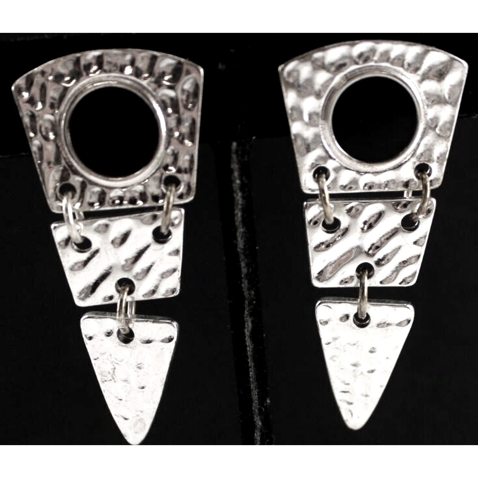 Other Silvertone Dangle Earrings • Hammered • Black Enamel • 2" Size ONE SIZE - 1 Thumbnail
