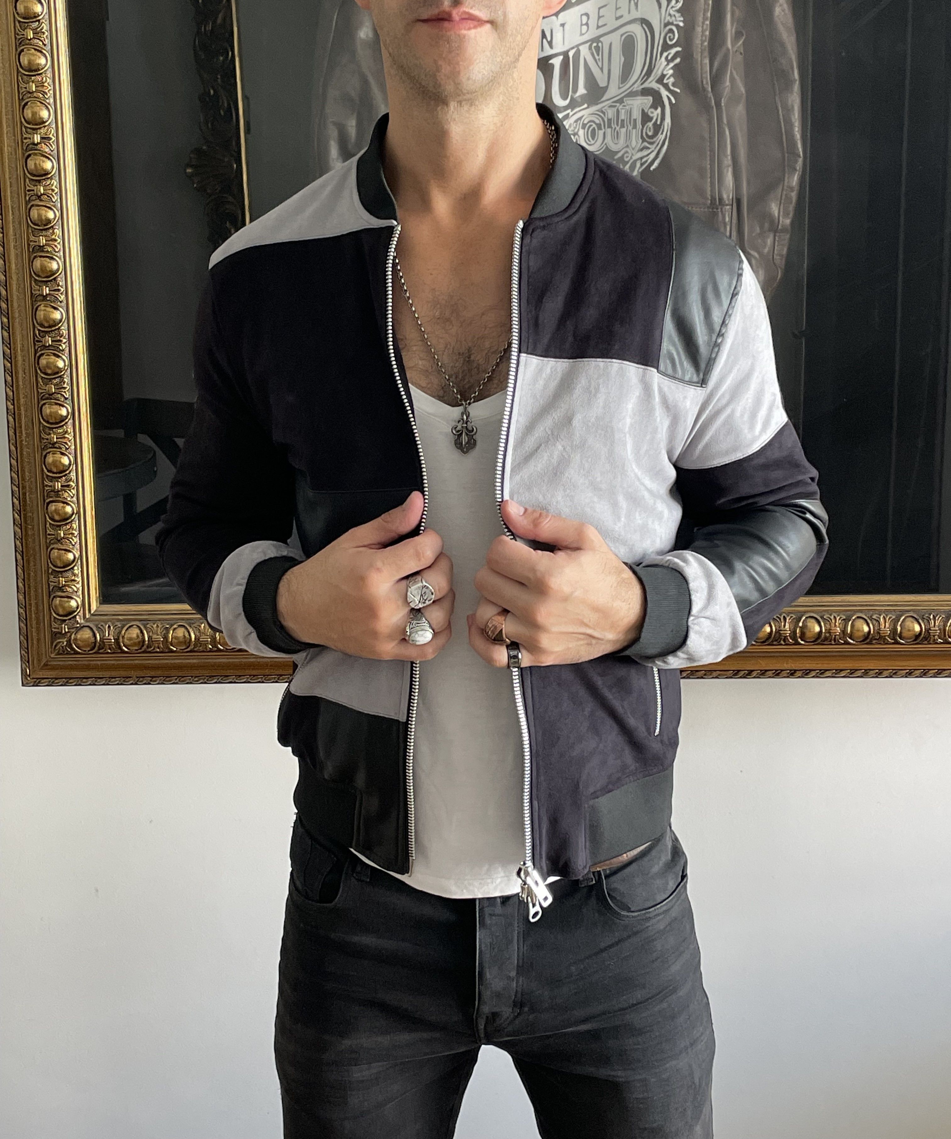 Patchwork Leather Suede Black Grey Bomber Jacket Sandro