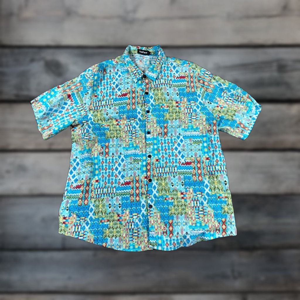 Vintage VINTAGE Geometric Shirt Adult 2XL Blue Aztec Southwestern Button-Down Collared Cotton-Viscose Regular Mens 90s Retro Bohemian Size US XXL / EU 58 / 5 - 1 Thumbnail