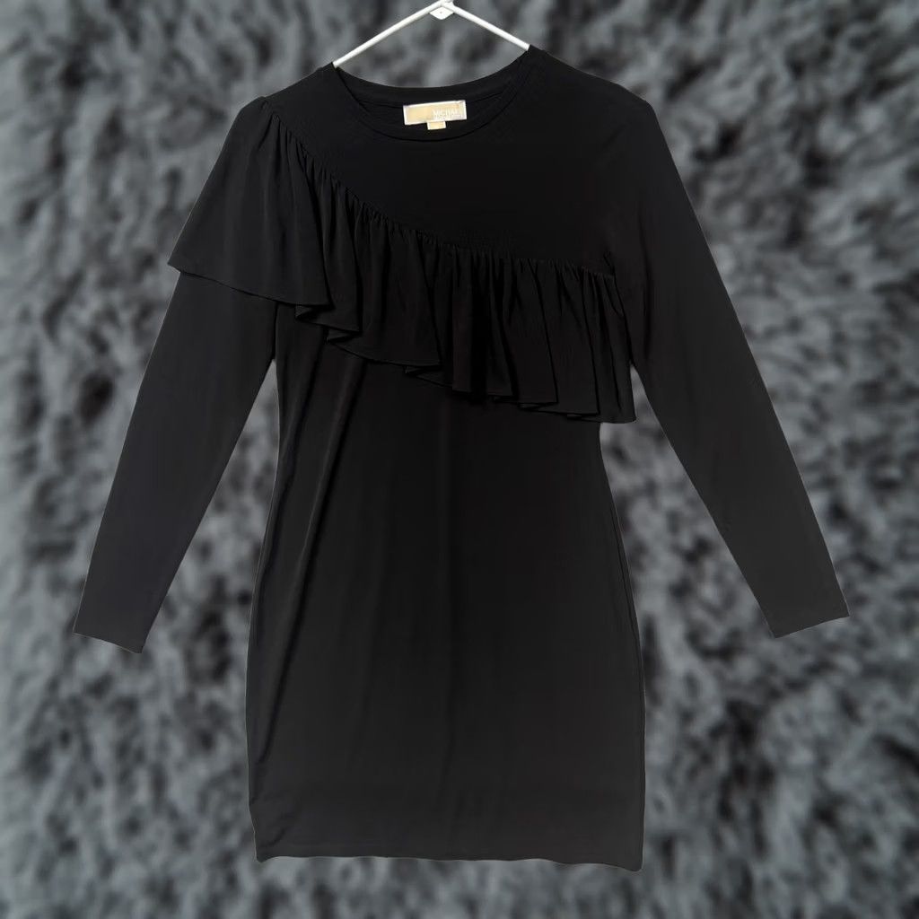 Michael Kors Michael Kors Dress S Black Crew Neck Long Sleeve Jersey Sheath Ruffle Mini LBD Workwear Cocktail Party Vintage No Size S / US 4 / IT 40 - 1 Thumbnail