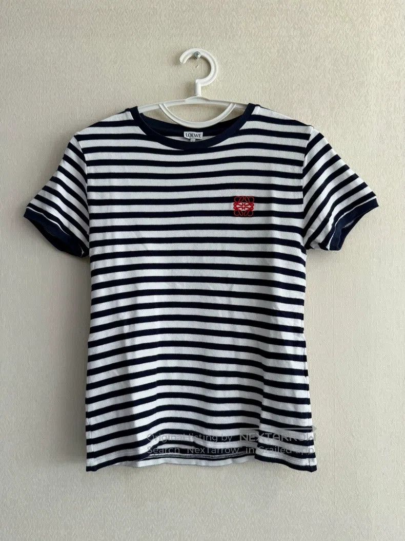 Loewe Striped Round Neck Logo Embroidered Short Sleeve