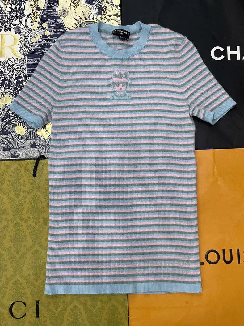 Chanel Chanel 25B pink blue striped cashmere short sleeves Size XS / US 0-2 / IT 36-38 - 1 Thumbnail