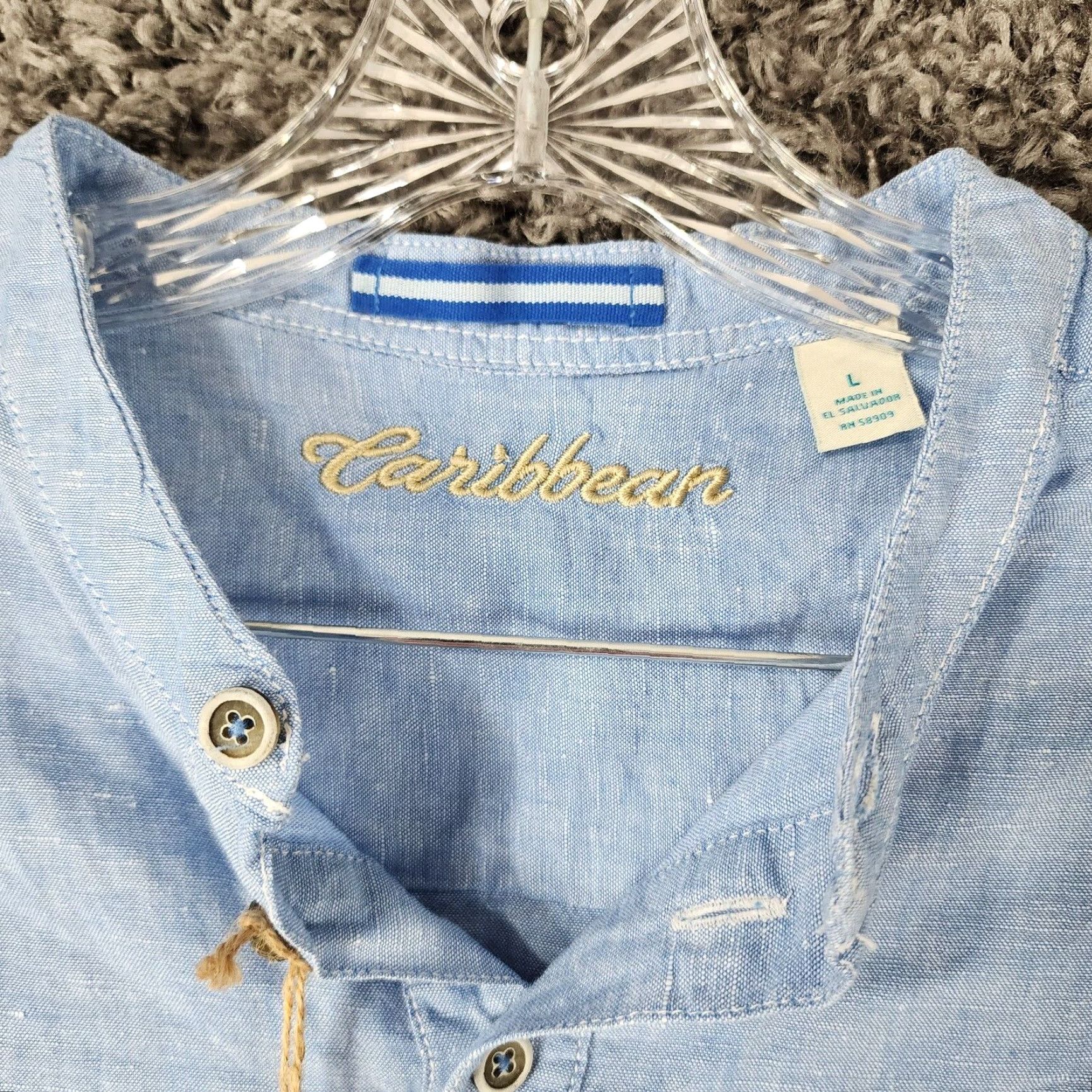 Vintage CARIBBEAN Polo Shirt Men L Short Sleeve Collarless Blue - blue shirt 90s? (adjust?) Size US L / EU 52-54 / 3 - 5 Thumbnail