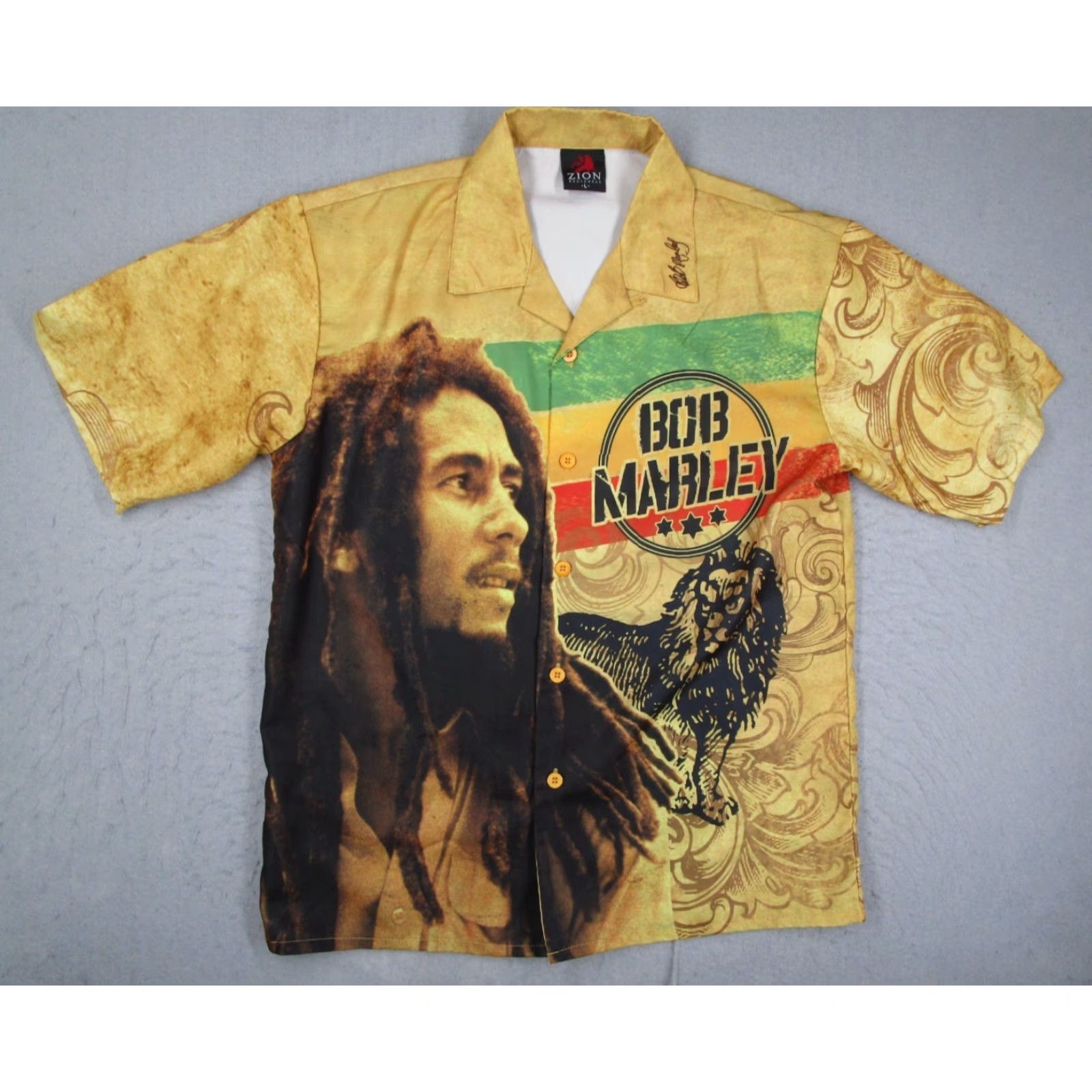 Vintage Zion Rootswear Shirt Mens Large Yellow Button-Up Short Sleeve AOP Bob Marley Embroidered Collar Geometric BeacH Hippie Retro Casual Workwear (Mens) Size US L / EU 52-54 / 3 - 2 Thumbnail
