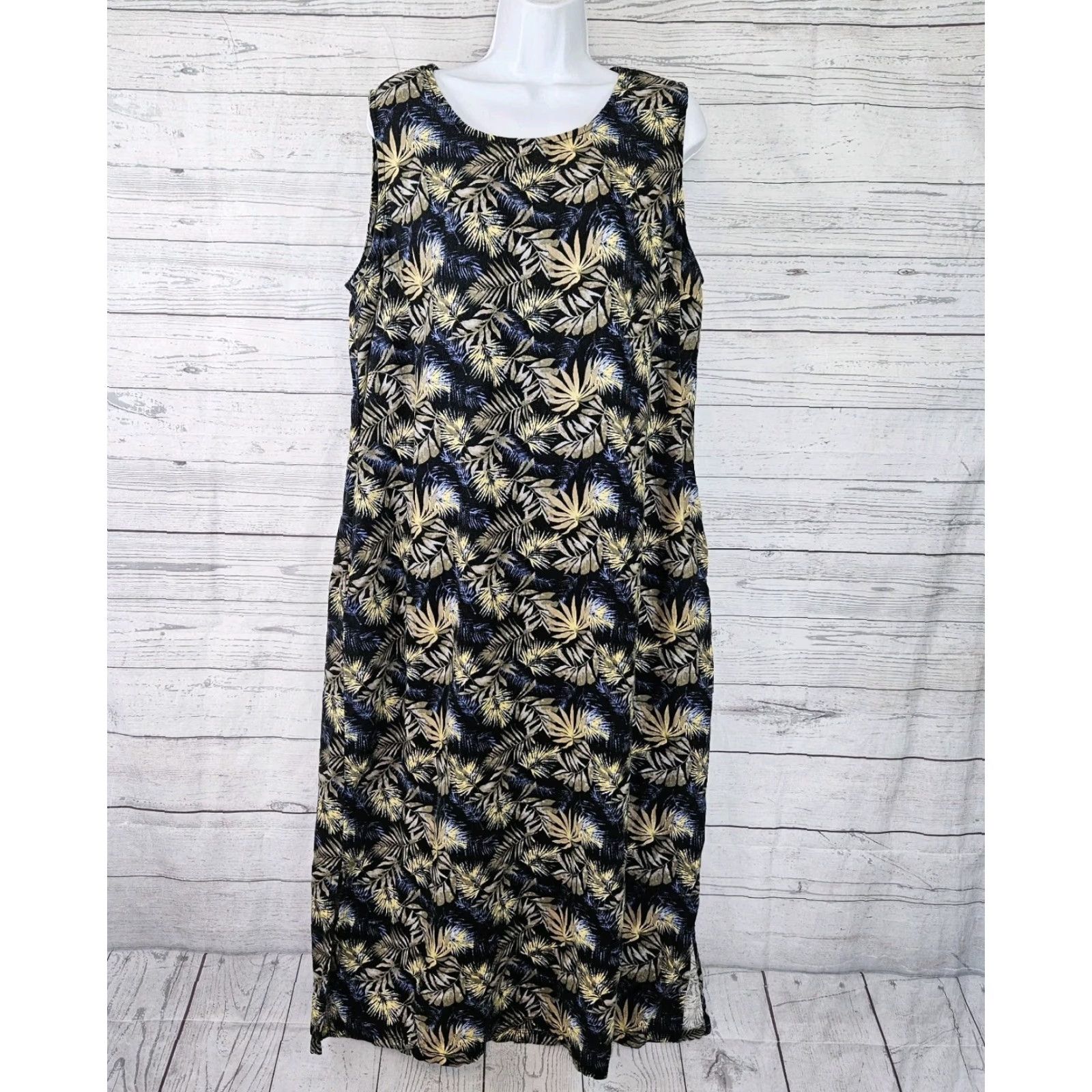 Vintage Briggs Womens Dress XL Black Blue Palm Leaf Print Sleeveless Linen Blend Dress Long Casual Shift Womens XL Black Palm Leaf Print Linen Blend Size XL / US 12-14 / IT 48-50 - 2 Thumbnail