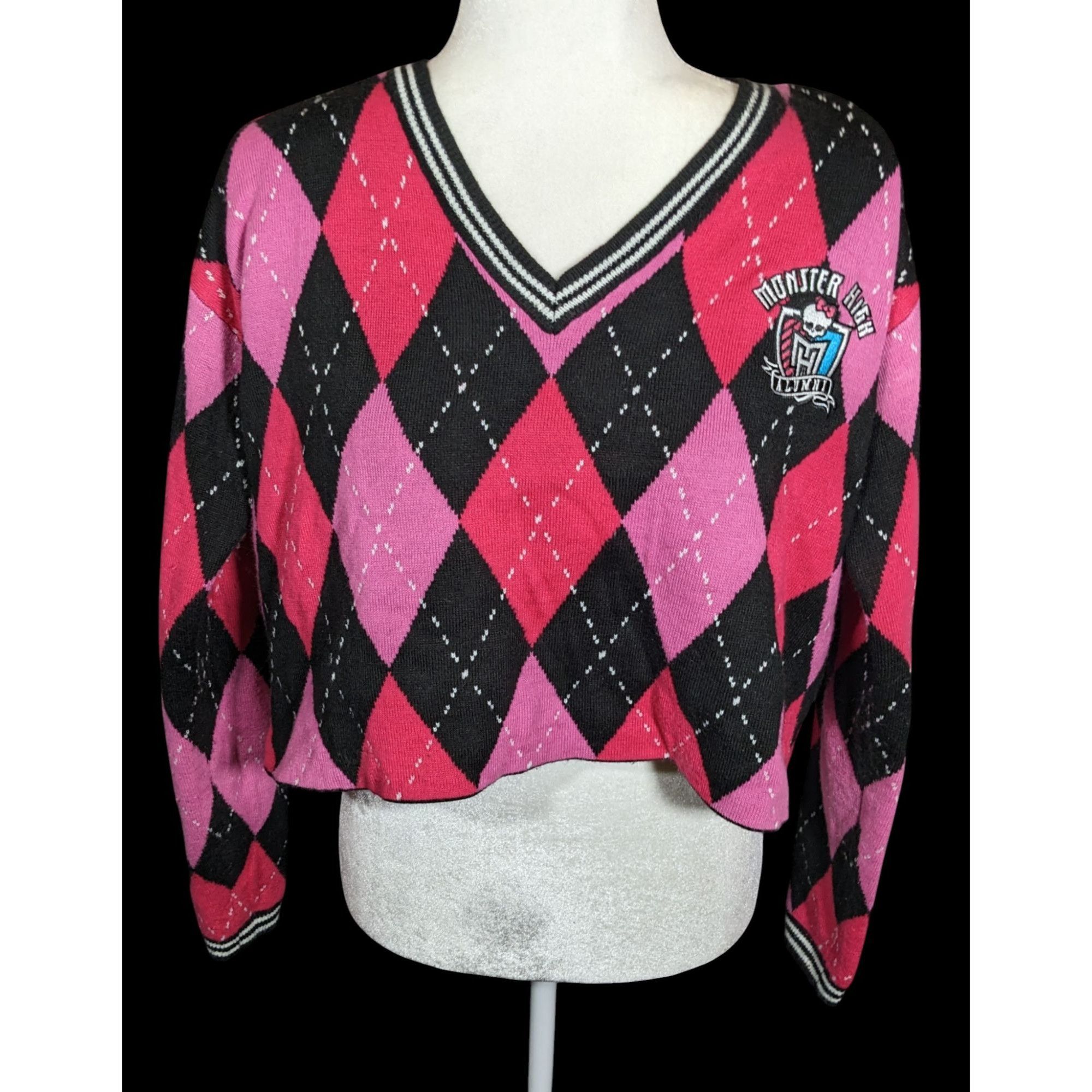 Other Monster High Pink And Black Argyle Cropped Sweater Size S / US 4 / IT 40 - 1 Thumbnail