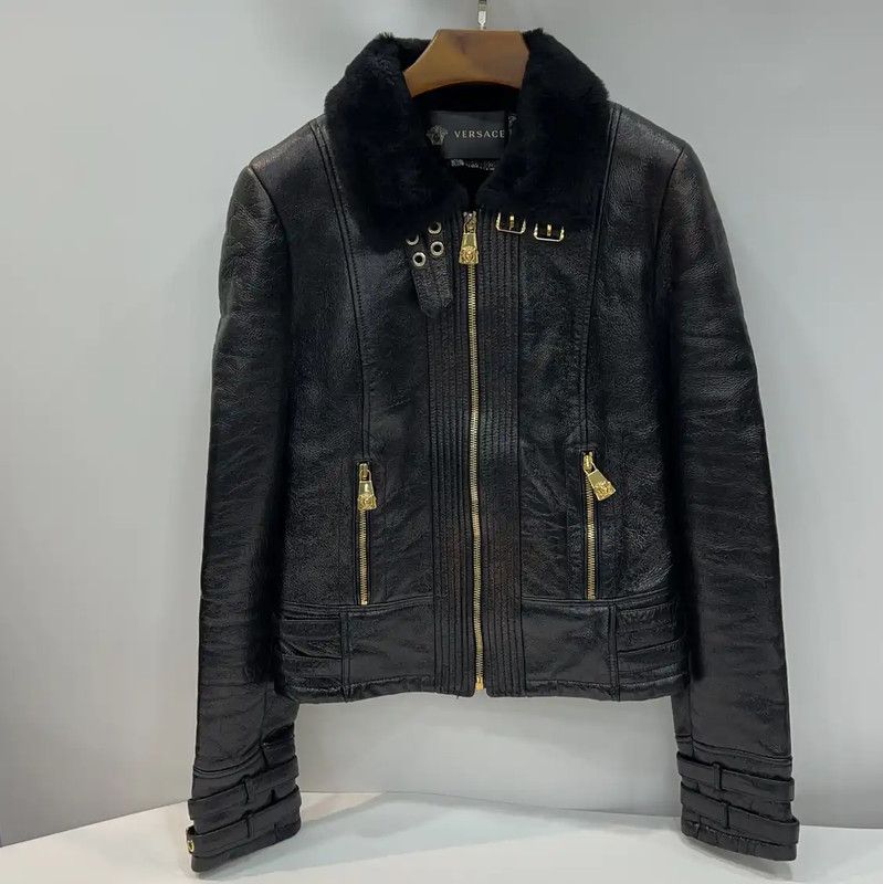 Versace Black Leather Jacket with Faux Fur Collar 0089