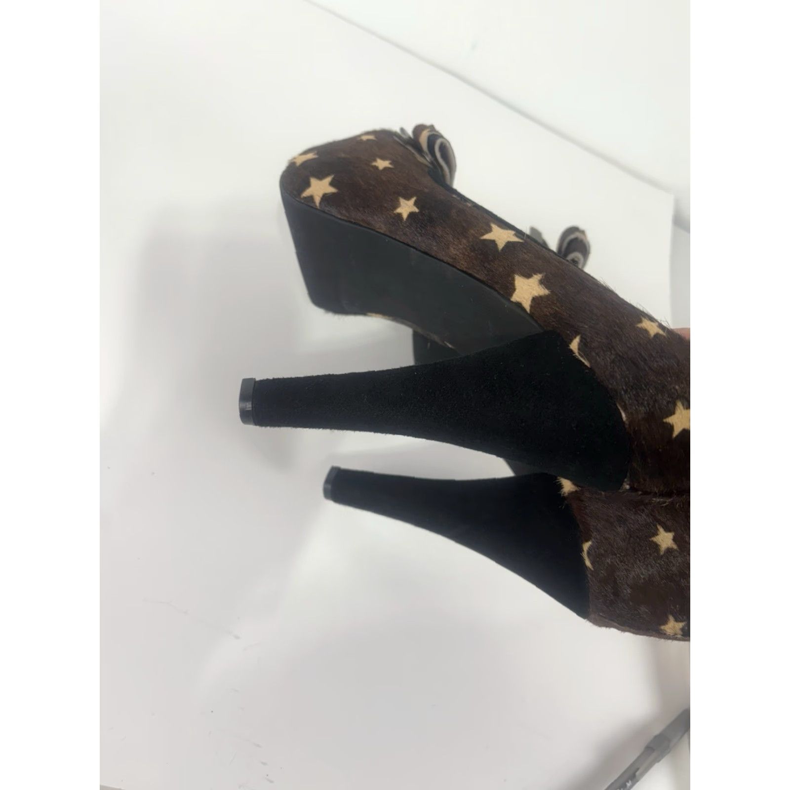PONY Naughty Monkey Brown Pony Hair Open Toe Heels Womens Size 9.5 - Ultra High Stiletto Pumps with Bow & Stars - Party/Cocktail & Travel Size US 9.5 / IT 39.5 - 5 Thumbnail