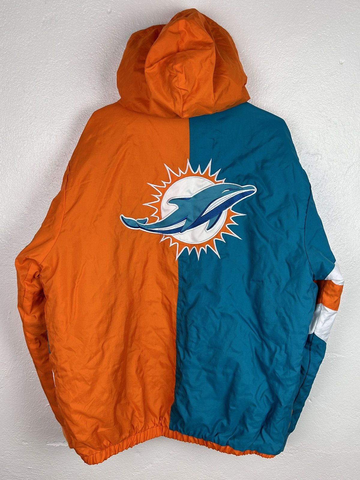 image of American College x Starter Vintage Starter Miami Dolphins Nfl Parka Jacket in Green/Orange (Size La