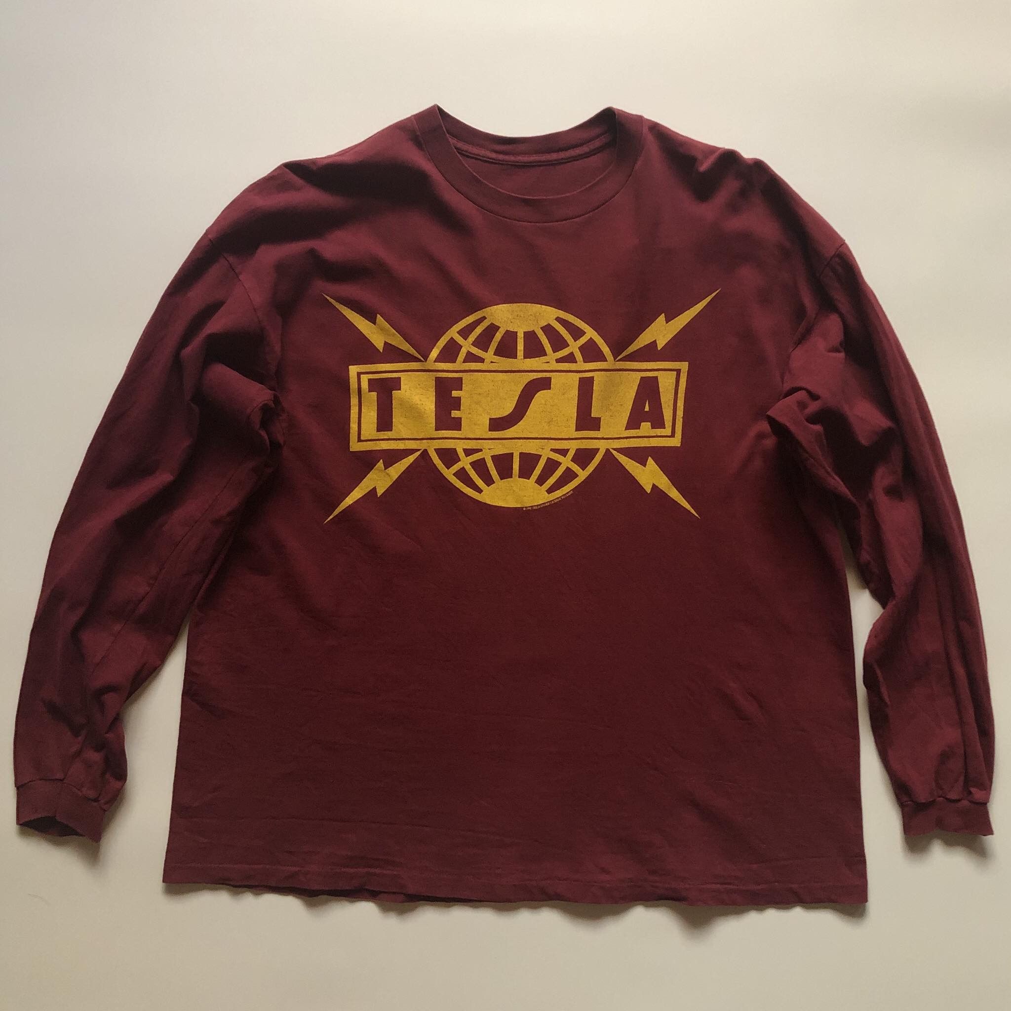 image of Band Tees x Rock Tees Vintage 90's Tesla Long Sleeve Band Shirt in Maroon, Men's (Size XL)