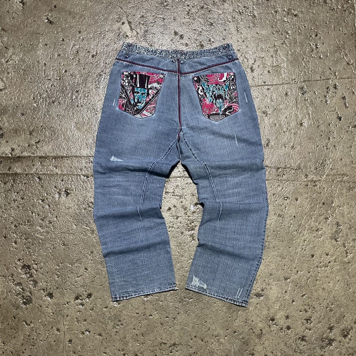 image of Ed Hardy x Jnco Crazy Vintage Y2K Baggy Jeans Jnco Wide Leg Skater Unique in Blue, Men's (Size 38)