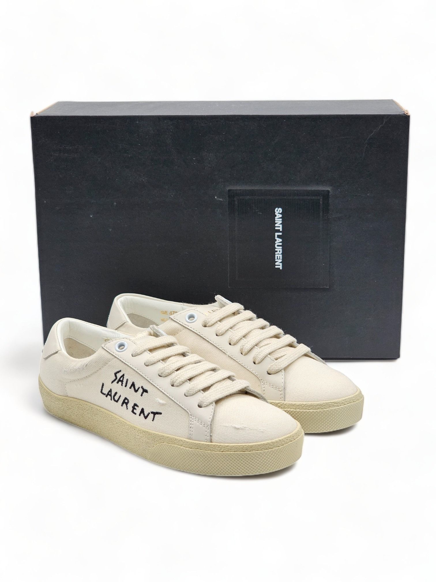 image of Saint Laurent Paris Saint Laurent Distressed Classic Court Canvas Sneakers in White, Women's (Size 