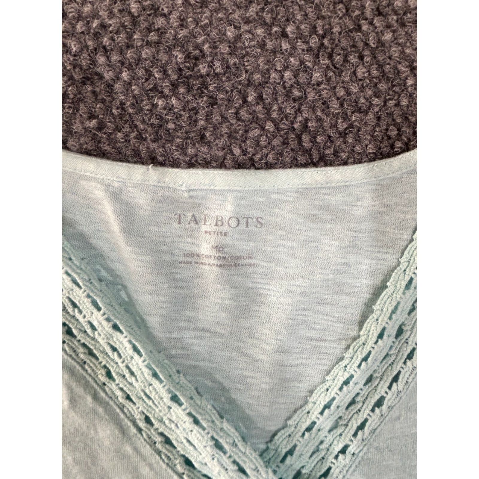 Talbots Talbots Top Womens M Light Blue Crochet Trim V-Neck Short Sleeve Blouse Casual Cotton Modal Blue Regular Stretch Size M / US 6-8 / IT 42-44 - 3 Thumbnail