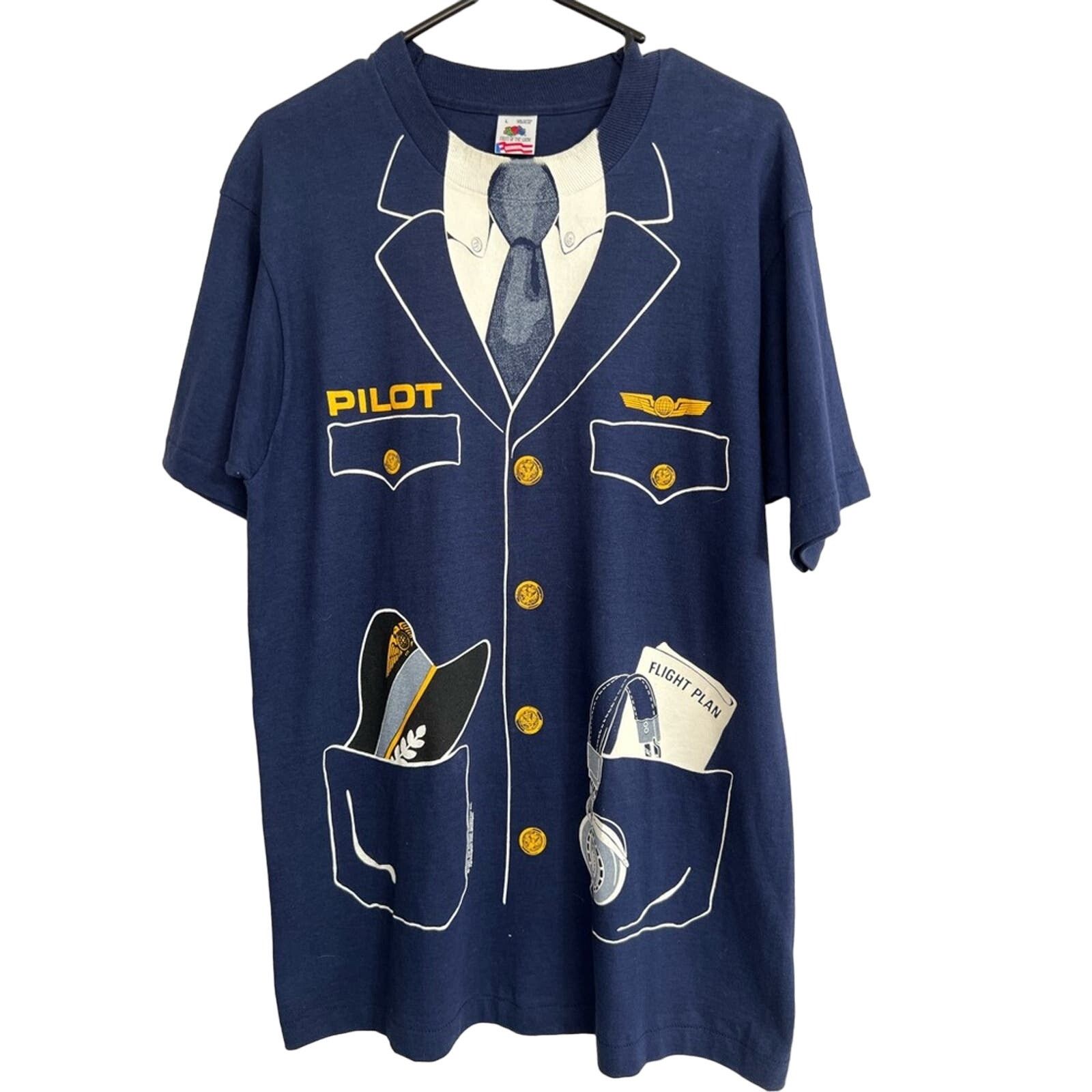 Fruit Of The Loom Vintage 80s Pilot Shirt Airplane 1981 AOP Single Stitch Size US L / EU 52-54 / 3 - 1 Thumbnail