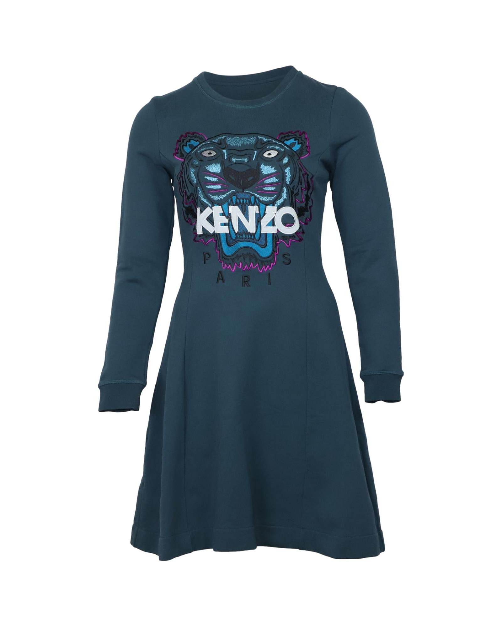 image of Kenzo Tiger Motif Embroidered Sweatshirt Dress In Teal Cotton in Green/Teal, Women's (Size Small)