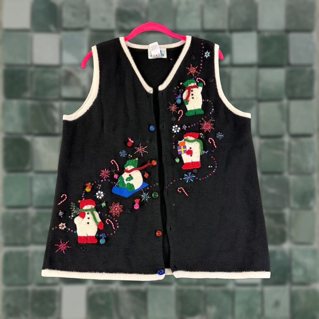 Quacker Factory Quacker Factory Sweater Vest Womens Large Black Christmas Snowman Beaded Knit Size L / US 10 / IT 46 - 1 Thumbnail