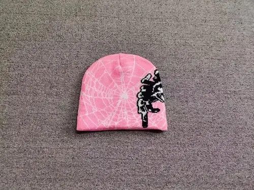 Japanese Brand Spider Web Graphic No Cuff Beanie Hat Pink Size ONE SIZE - 2 Thumbnail