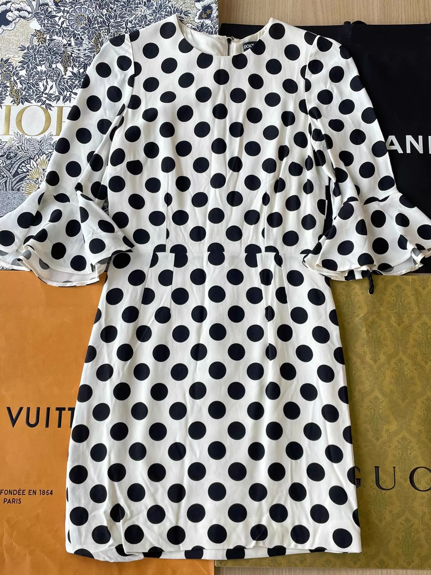 Dolce & Gabbana DG Black & White Polkadot Ruffle-Sleeve Dress Size 40 Size S / US 4 / IT 40 - 1 Thumbnail