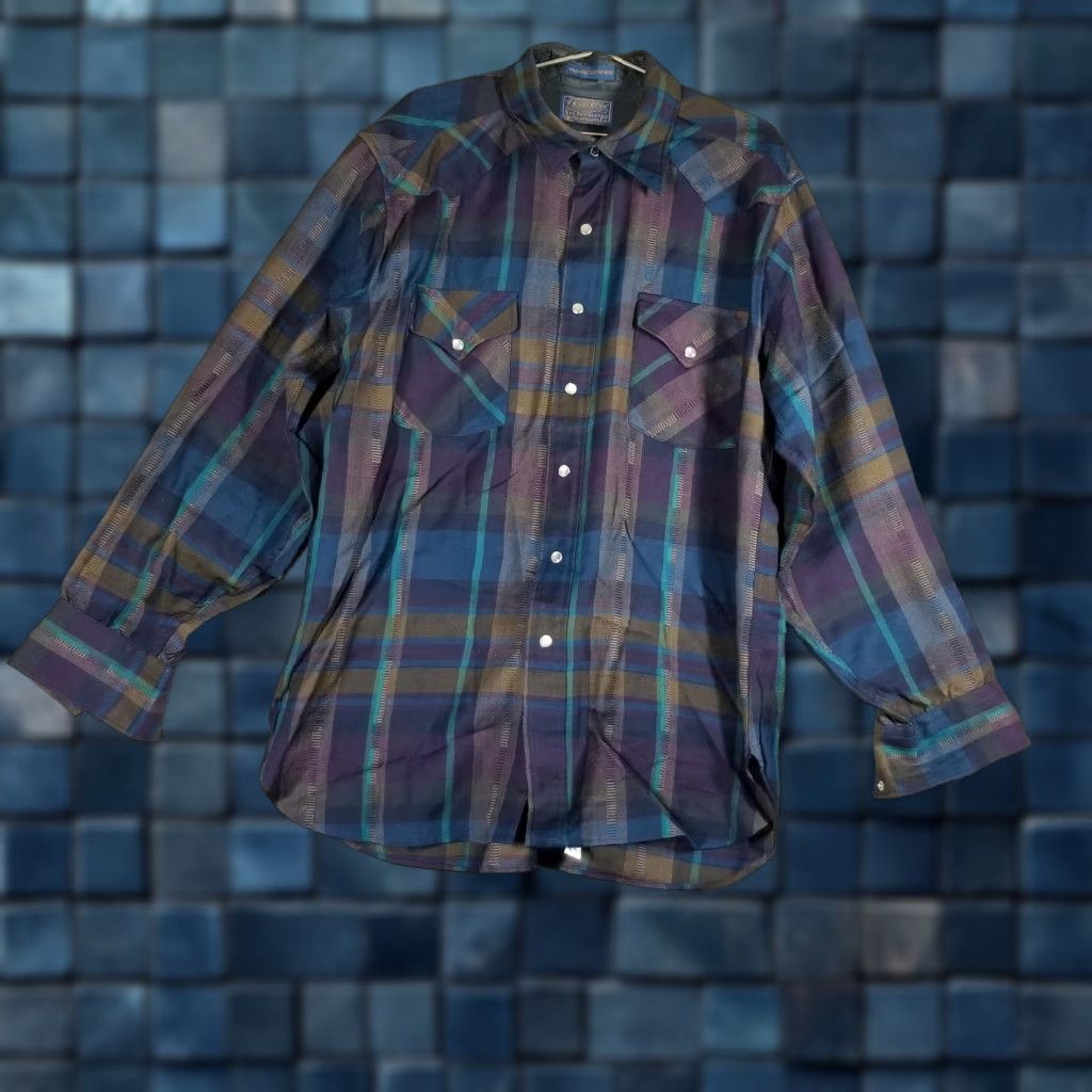 Pendleton VINTAGE Pendleton Western Shirt Men Large Woven Wool Plaid 70s Cowgirl Americana Blue Size US L / EU 52-54 / 3 - 1 Thumbnail