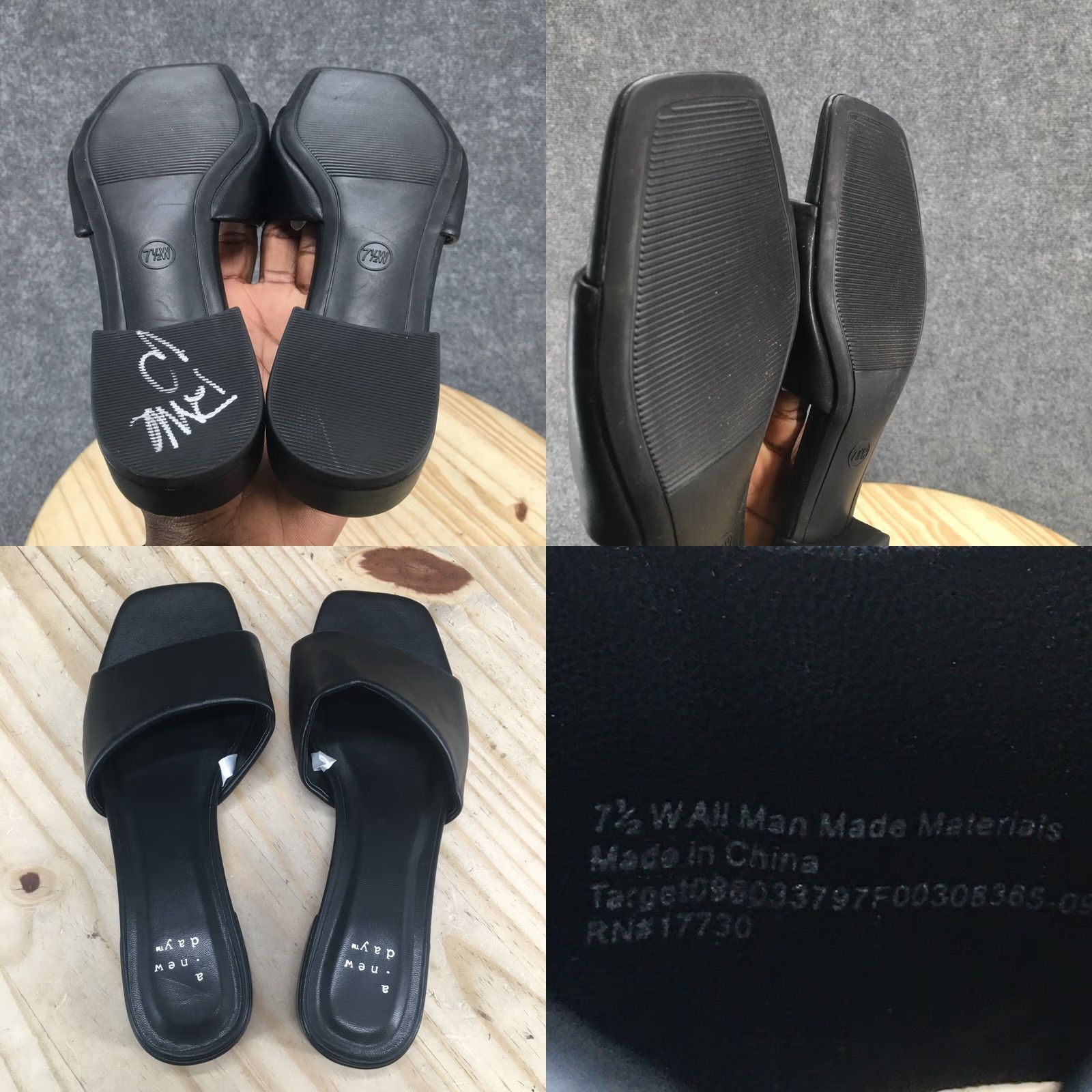Vintage A New Day Sandals Womens 7.5 W Slides Black Faux Leather Open Toe Low Heels Size US 8 / IT 38 - 8 Thumbnail