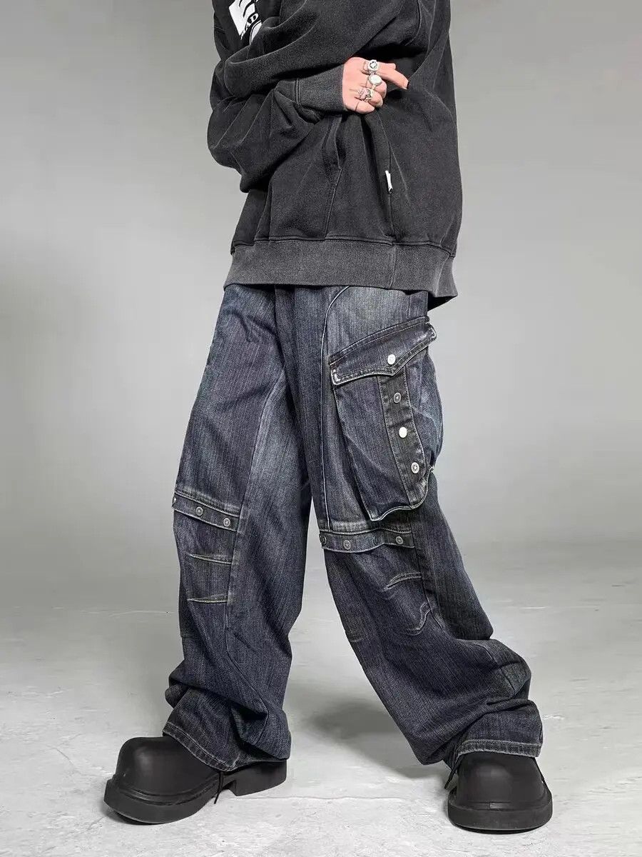 image of Heavy Industrial Style Washed Studded Large Pocket Jeans in Blue, Men's (Size 32)