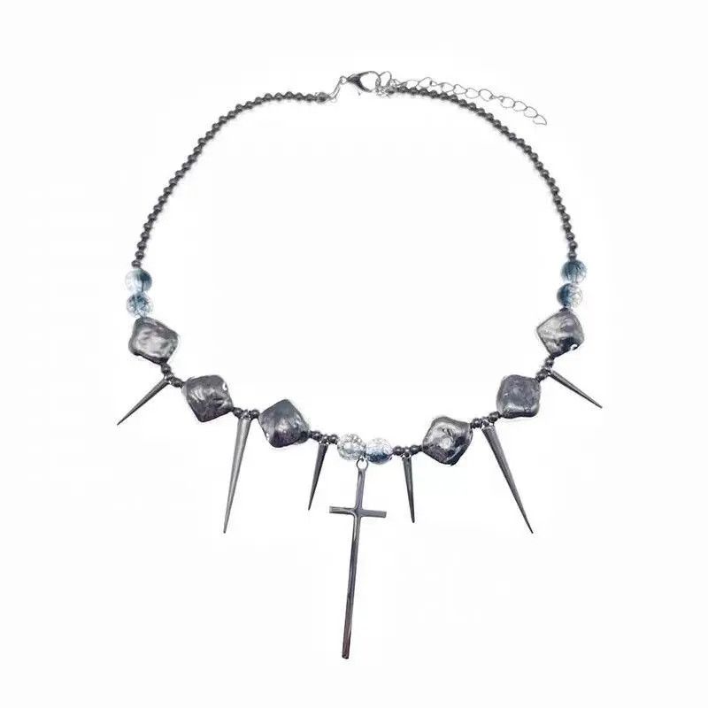 Designer × Jewelry Silver Color Thorns Punk With Cross Necklace Choker Size ONE SIZE - 4 Thumbnail