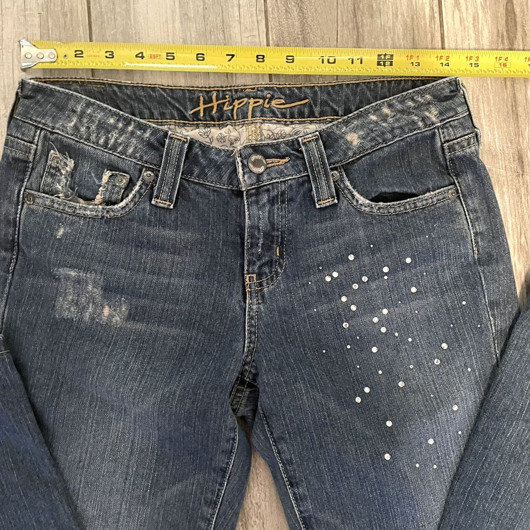 Vintage VINTAGE Hippie Jeans Women's 26R Rhinestone Bootcut Blue Denim Straight Leg Low Rise 30in Inseam Stars Size 26" / US 2 / IT 38 - 6 Thumbnail