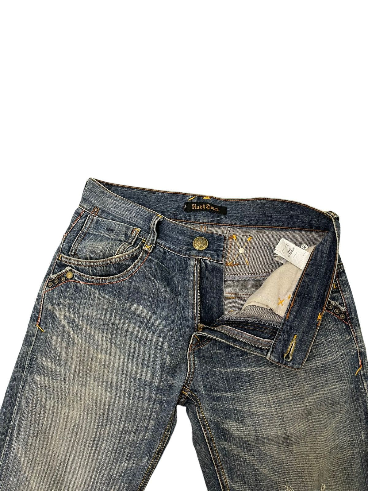 Japanese Brand Flare Jeans Rush Hour Faded Distress Boot Cut 8🟦4 Size US 33 - 10 Thumbnail