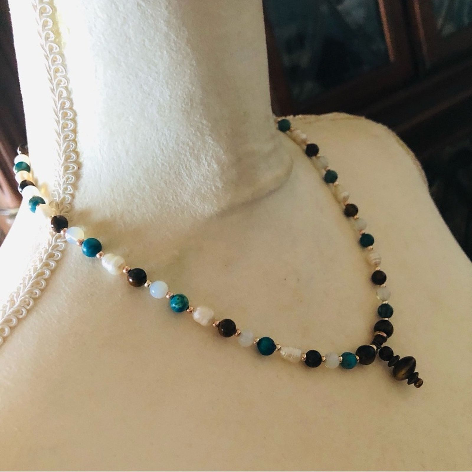 Handmade Handcrafted Tiger eye howlite stone genuine pearl necklace Size ONE SIZE - 3 Thumbnail
