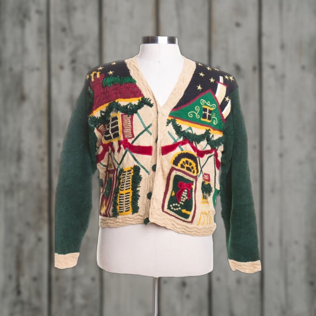 Vintage VINTAGE Green Ugly Christmas Cardigan 44252 Eagle's Eye Cardigan Mens XL Womens L-XL Green Ramie/Cotton/Metallic Holiday Flair Collage Clothing Size L / US 10 / IT 46 - 1 Preview