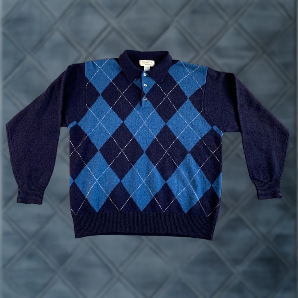 VINTAGE Heather Tweed Sweater Mens L Blue Lambswool Argyle Pullover Mens Large Blue Wool 90s Christmas Preppy Winter Wool Mens