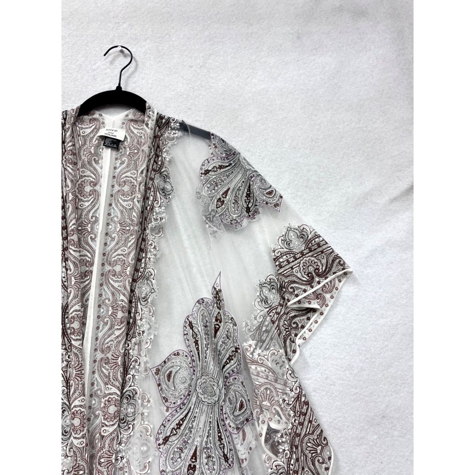 Vintage David And Young Paisley Sheer Fringe Kimono Cardigan Womens OS One Size White Polyester Rayon Blouse Open Front Fringe Shawl 90s? Size ONE SIZE - 6 Thumbnail