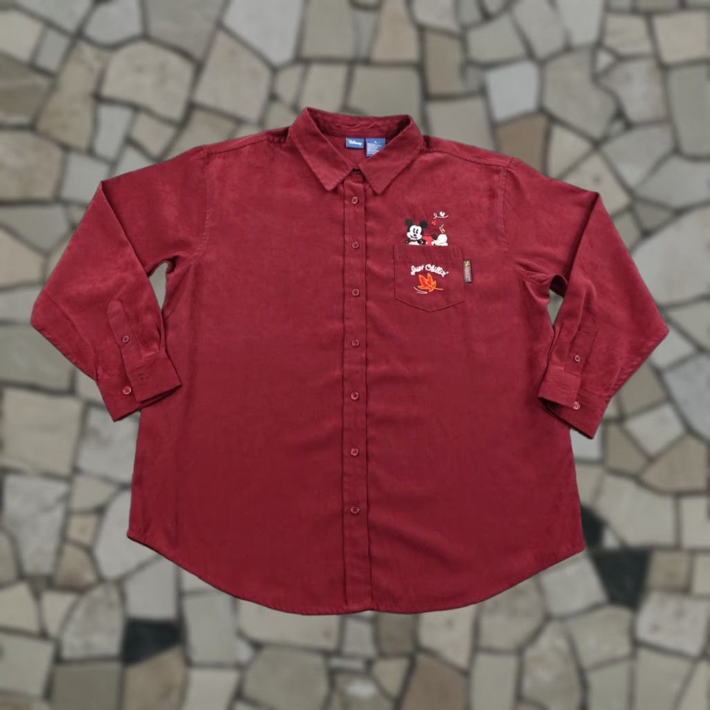 Disney Disney Shirt Womens Large Burgundy Red Mickey Mouse Poly Suede Button Up Top Size L / US 10 / IT 46 - 1 Thumbnail
