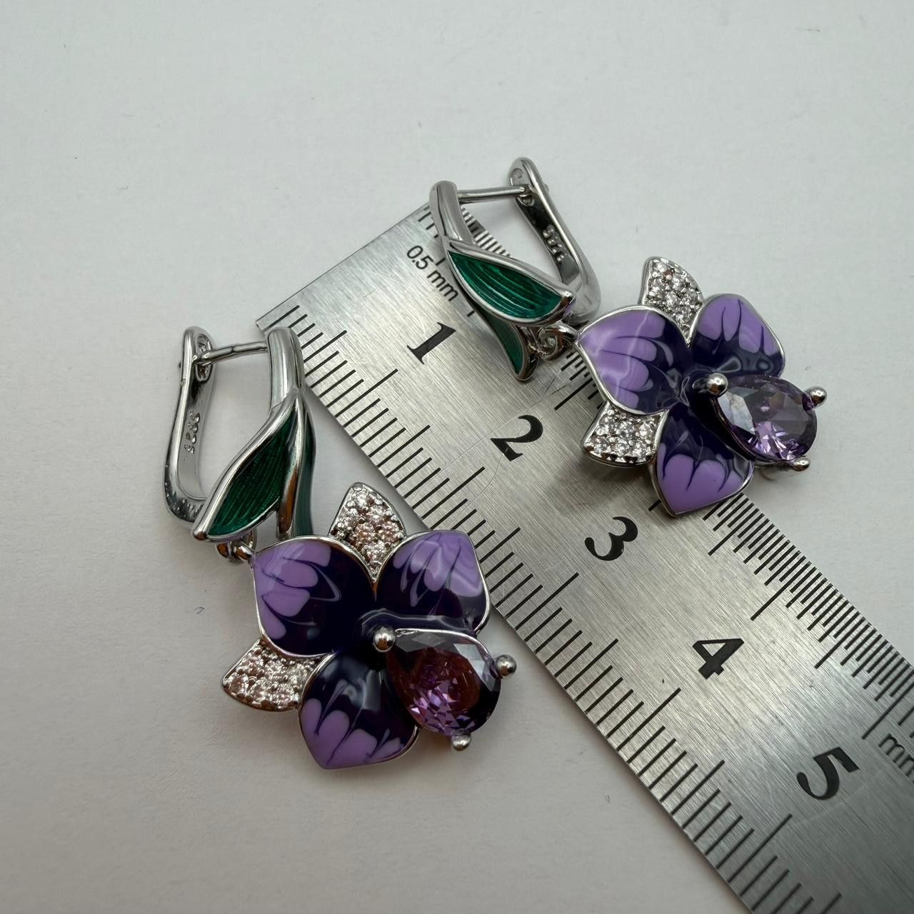 Sterling Silver 925 Sterling Silver Purple Floral Crystal Earrings Size ONE SIZE - 5 Thumbnail