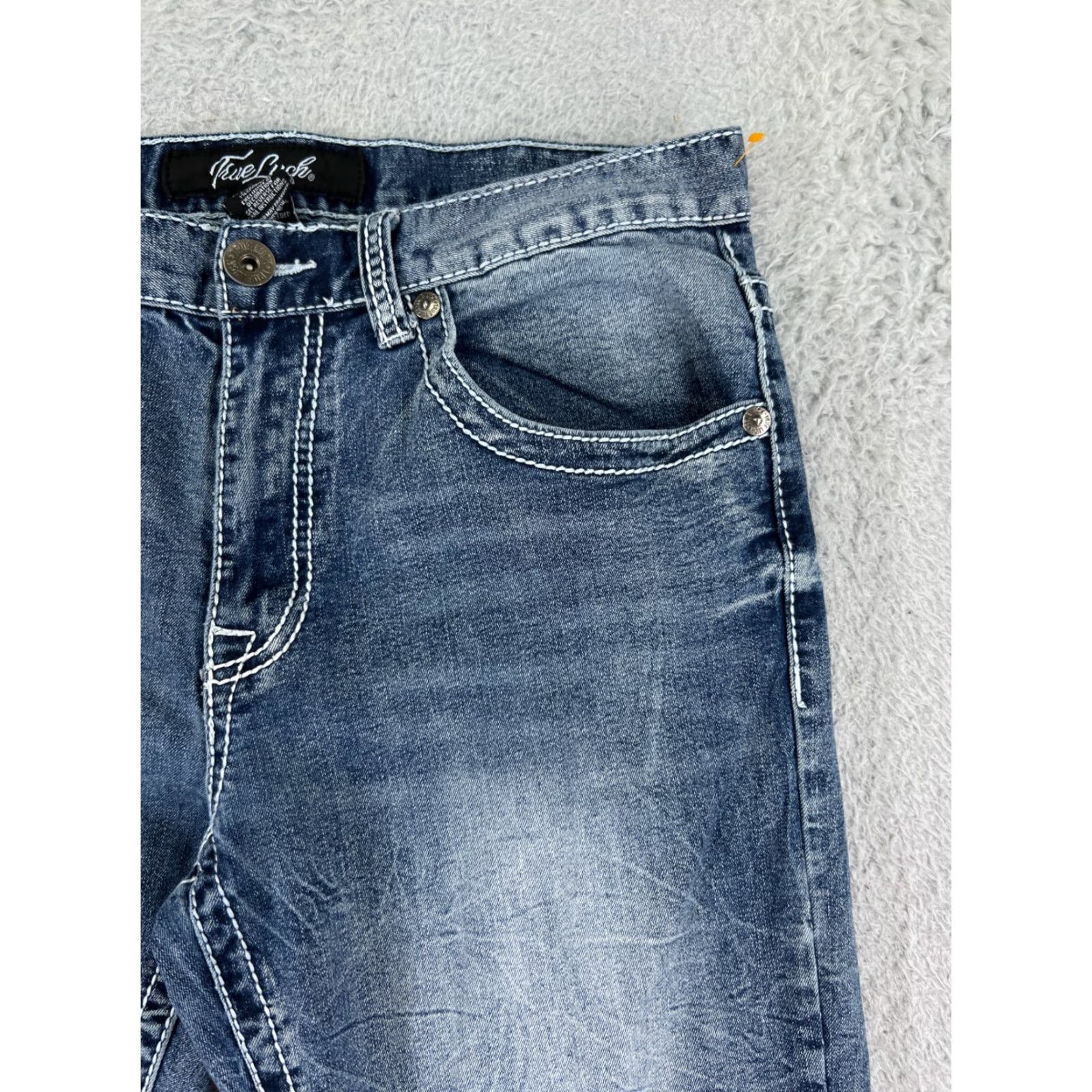 Vintage True Luck Jeans Womens 32 Blue Denim Straight Leg Bootcut 5-Pocket Embroidered Sequin Logo Size 24" / US 00 / IT 34 - 6 Thumbnail