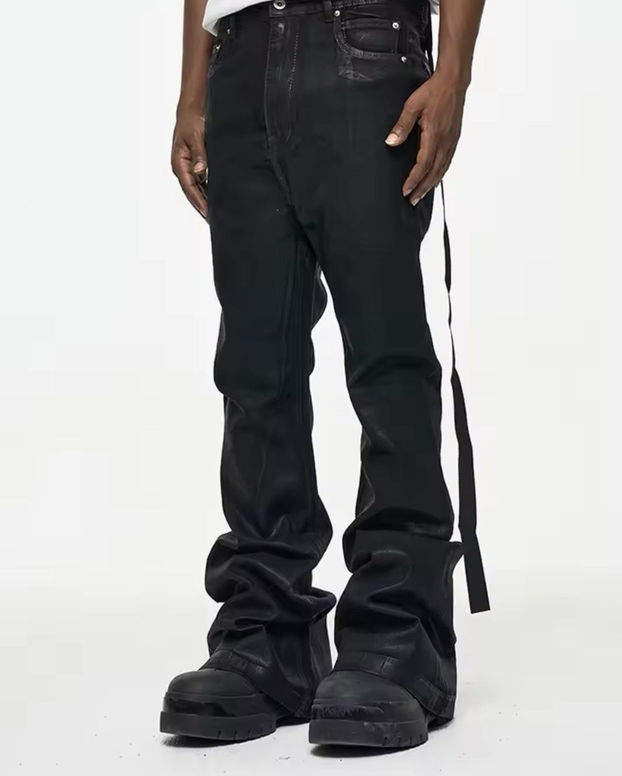 Japanese Brand × Jean Streetwear Wax Leather Stretch Hombre Baggy Flare Pants Size US 30 / EU 46 - 4 Thumbnail