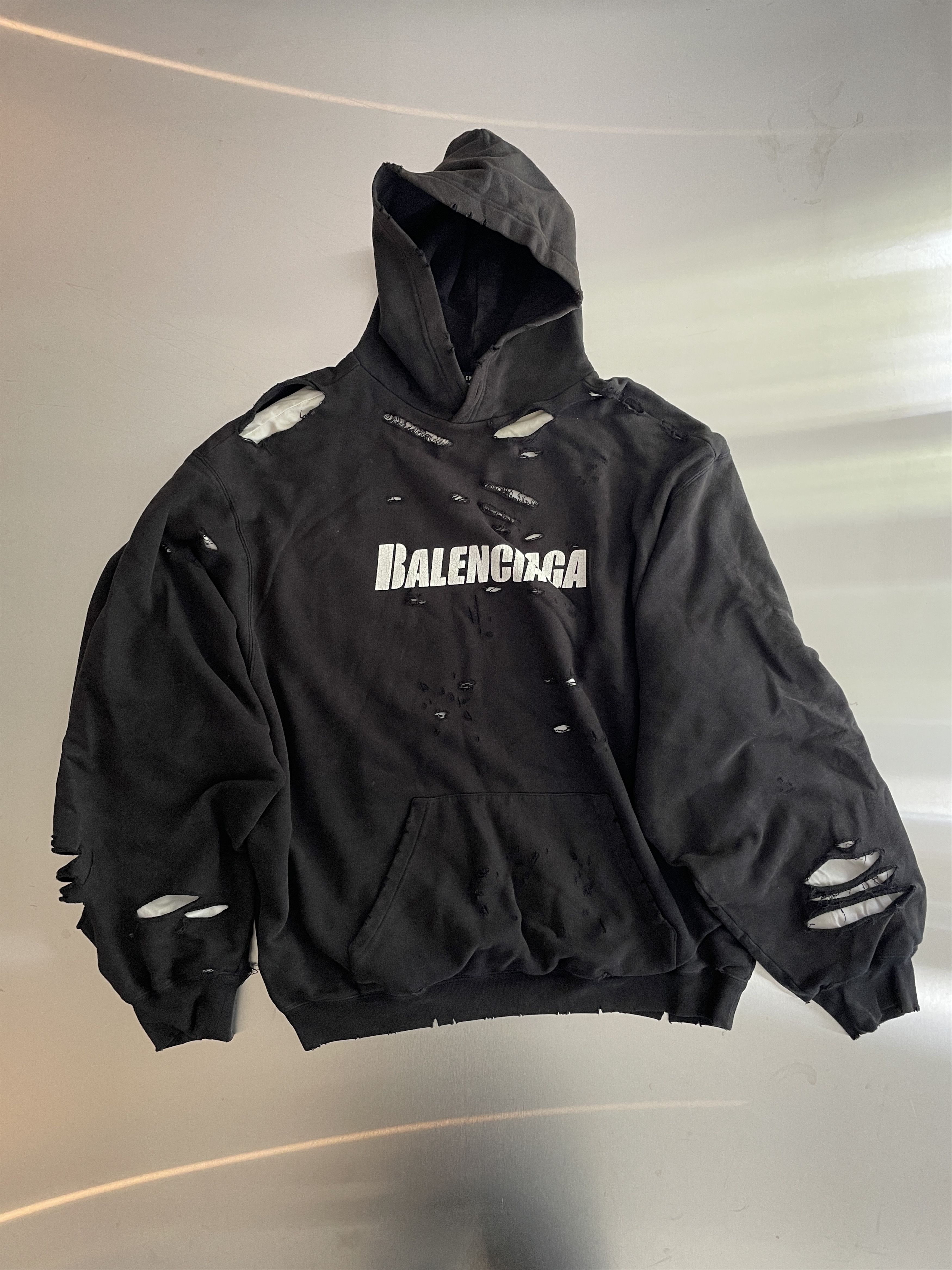 Balenciaga Distressed Caps Hoodie in Black &white underlayer