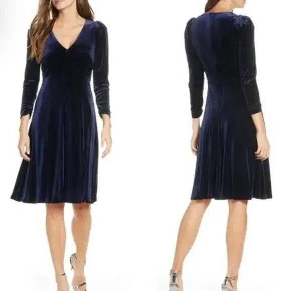 Anthropologie NEW Eliza J Navy Blue Velvet Long Sleeve Midi Dress 8 V Neck Size M / US 6-8 / IT 42-44 - 9 Thumbnail